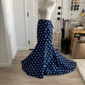 Sherri Hill Formal Blue Trumpet Skirt with White Polka Dots & Cascading Ruffles